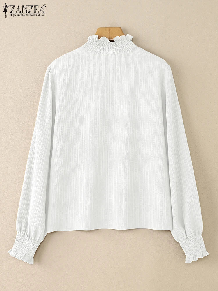 ZANZEA Women Stylish Smocked Turtleneck Blouses 2025 Autumn Fashion Long Lantern Sleeve Textured Solid Color Tops Woman Clothing