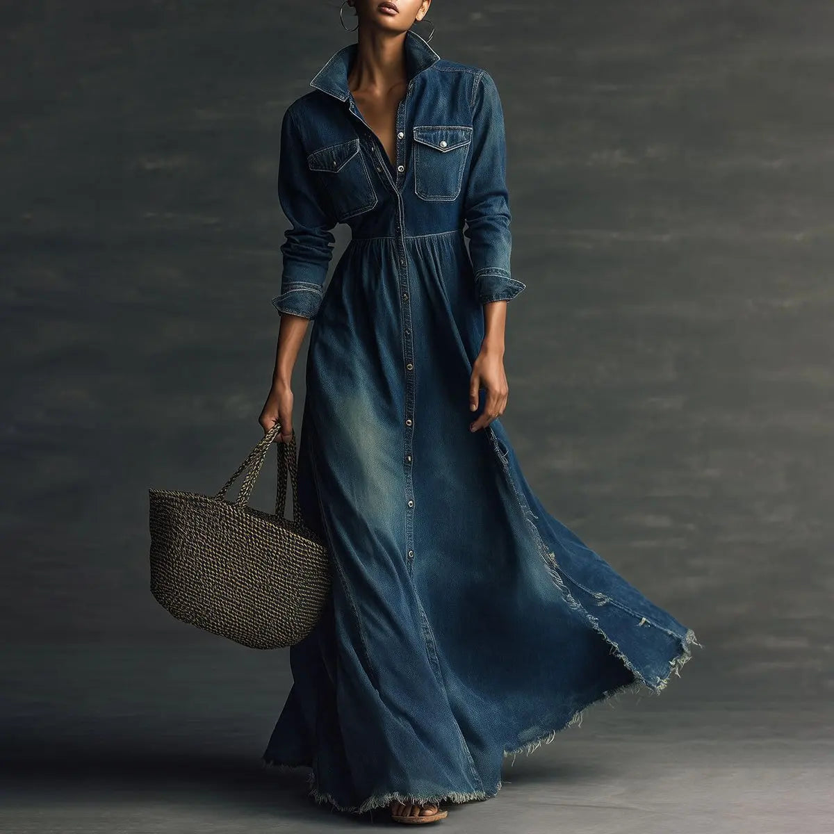 New Fashion Casual Long Sleeve Turn-down Collar Single Breasted Pockets Solid Color Split Flare And Fit Ankle-Length Demin Dress