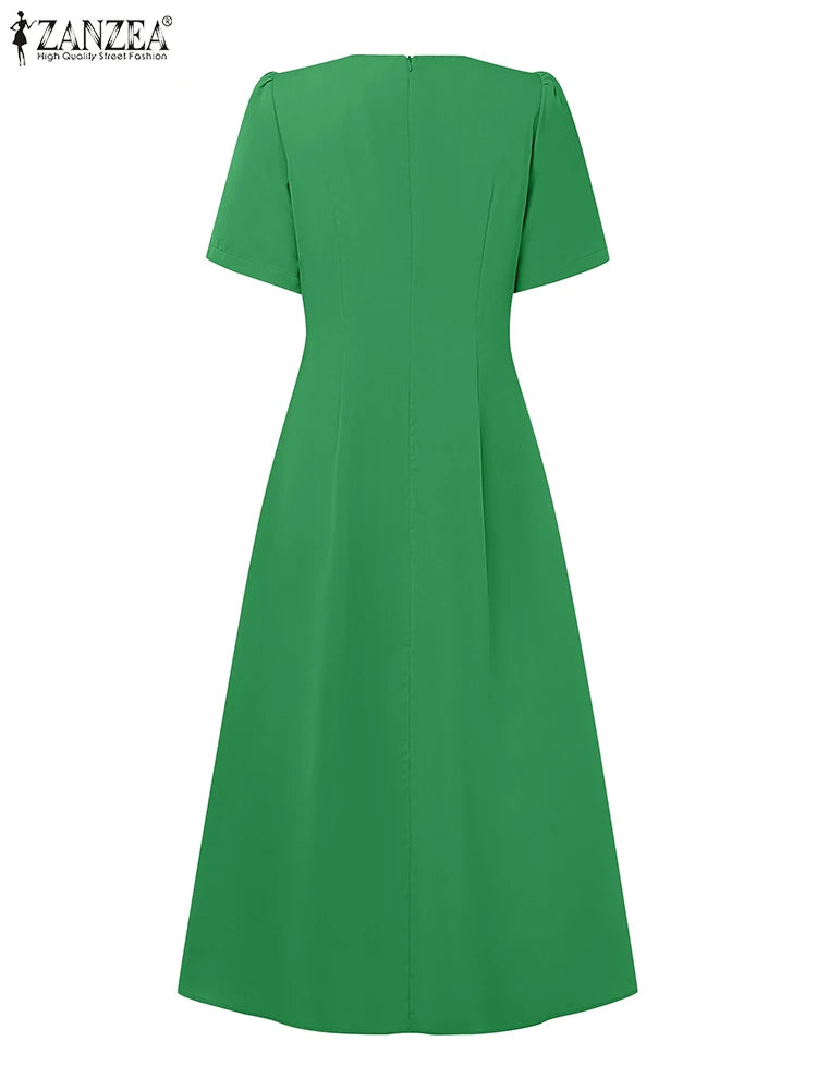 ZANZEA Elegant Women's Party Dresses 2025 Fashion Fabric Flower Short Sleeve O-Neck A-line Midi Robes Summer Fitted Waist Kleid