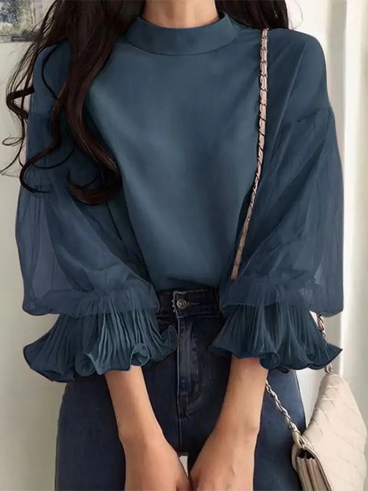 ZANZEA Women Elegant Mesh Ruffle 3/4 Sleeve Blouse Chic Designer Stand Collar Tops 2025 Autumn Party Shirts Korean Loose Tunics