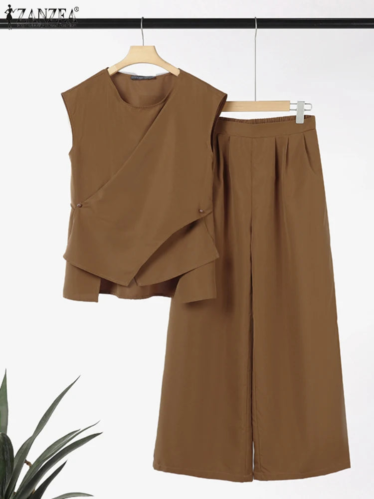 2025 ZANZEA Summer Pant Sets 2PCS Office Women Outfits Solid Work OL Tracksuits Elegant Sleeveless Blouse Suit Matching Sets