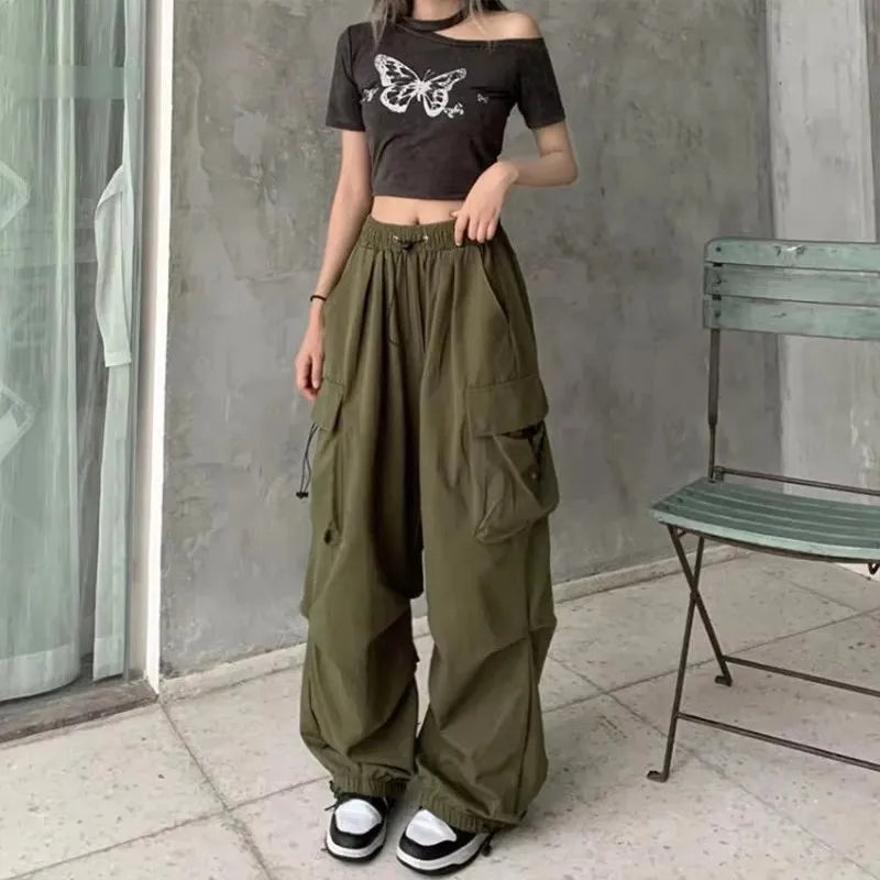 American retro workwear casual pants women's summer versatile straight leg hanging feeling ankle tied pants loose wide leg pants