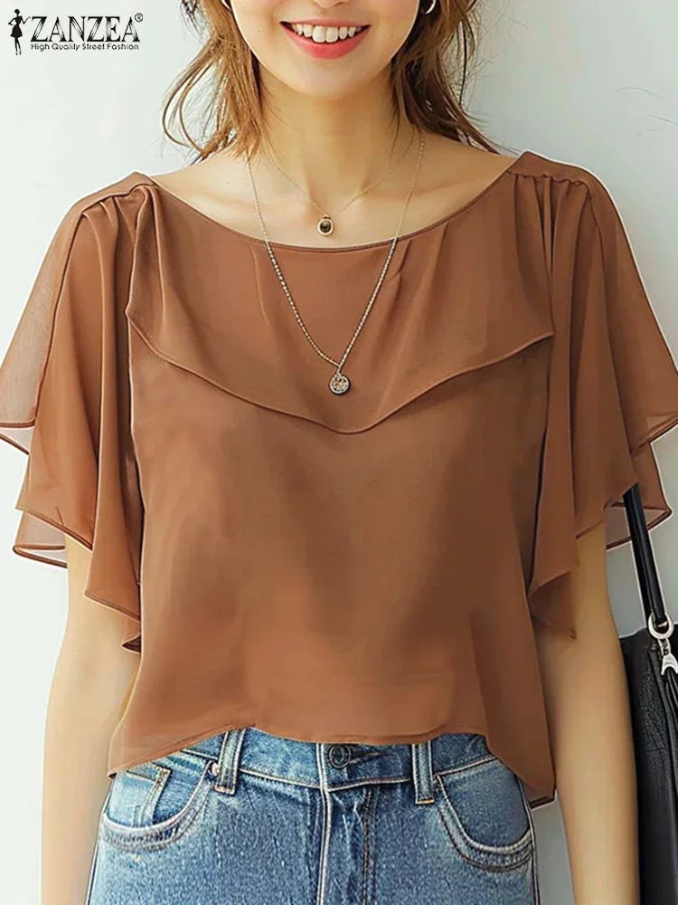 ZANZEA 2025 Summer Tops Women Korean Fashion Chiffon Blouse Elegant Short Sleeve Solid Shirt Tunic Casual Loose Ruffle Hem Blusa