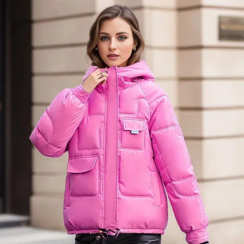 Women Full Sleeve Hooded Zipper Parkas Stand Collar Loose Drawstring Jackets Thick Warm Pockets Casual Coats Autumn Winter