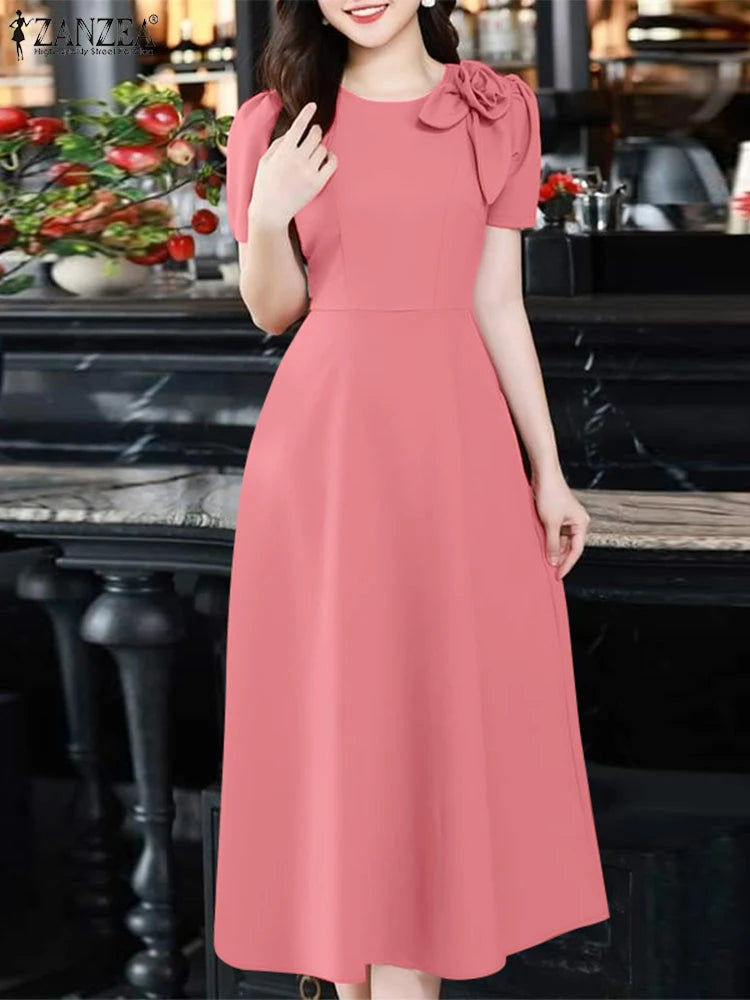 ZANZEA Elegant Women's Party Dresses 2025 Fashion Fabric Flower Short Sleeve O-Neck A-line Midi Robes Summer Fitted Waist Kleid