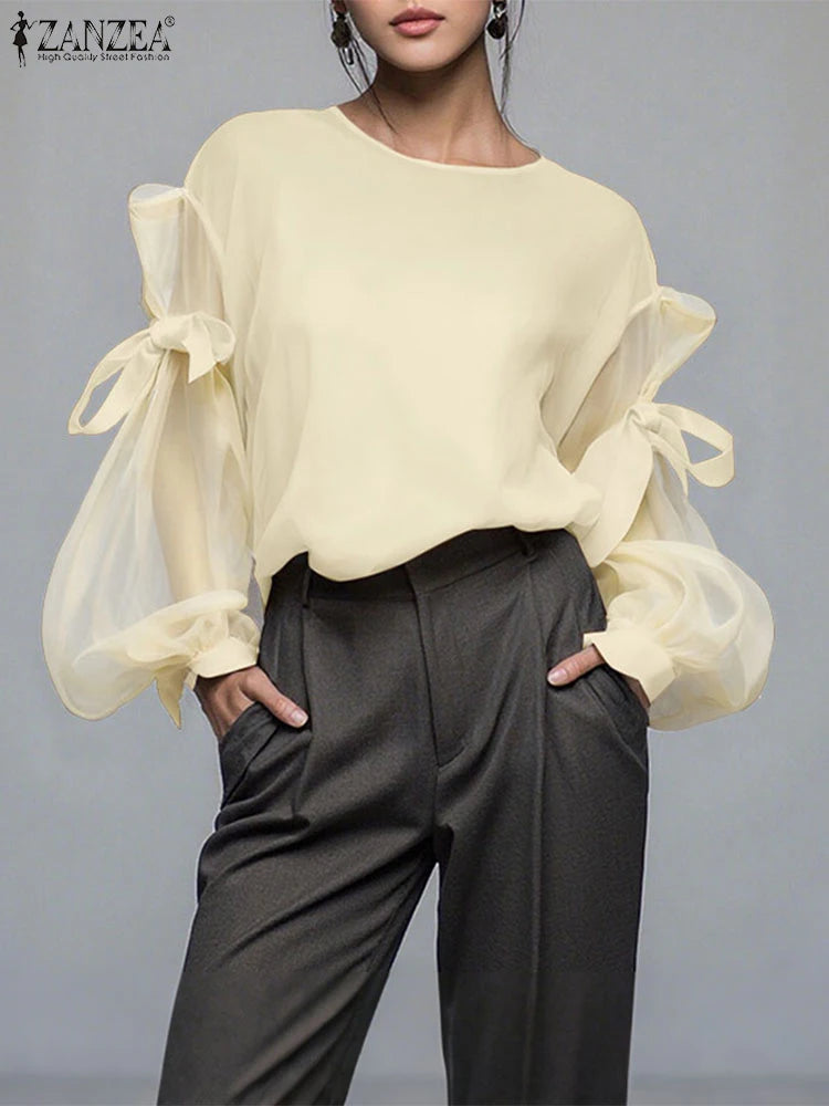 ZANZEA Elegant Bow Women Blouse 2025 Autumn Fashion Mesh Patchwork Long Lantern Sleeve Casual Tops Shirts Korean Ladies Blusas