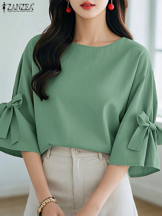 Fashion Summer Blouse 2025 ZANZEA Women Solid Work OL Tops Elegant O Neck 3/4 Sleeve Bow Shirt Casual Loose Chemise Blusas Femme