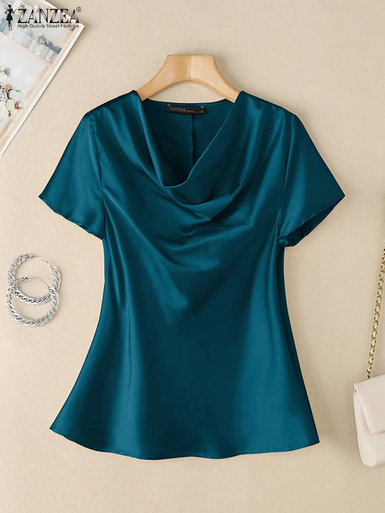ZANZEA Casual Satin Party Tops Woman Cowl Neck 2025 Fashion Korean Style Blouses Elegant Short Sleeve Solid Color Blusas Mujer