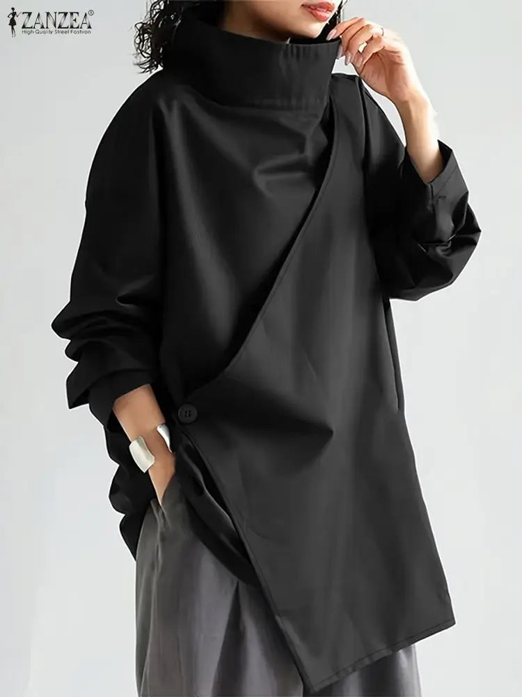2025 ZANZEA Stylish Autumn Blouses Women Turtleneck Tops Elegant Long Sleeve Office Work Shirt Solid Irregular Blusas Oversize