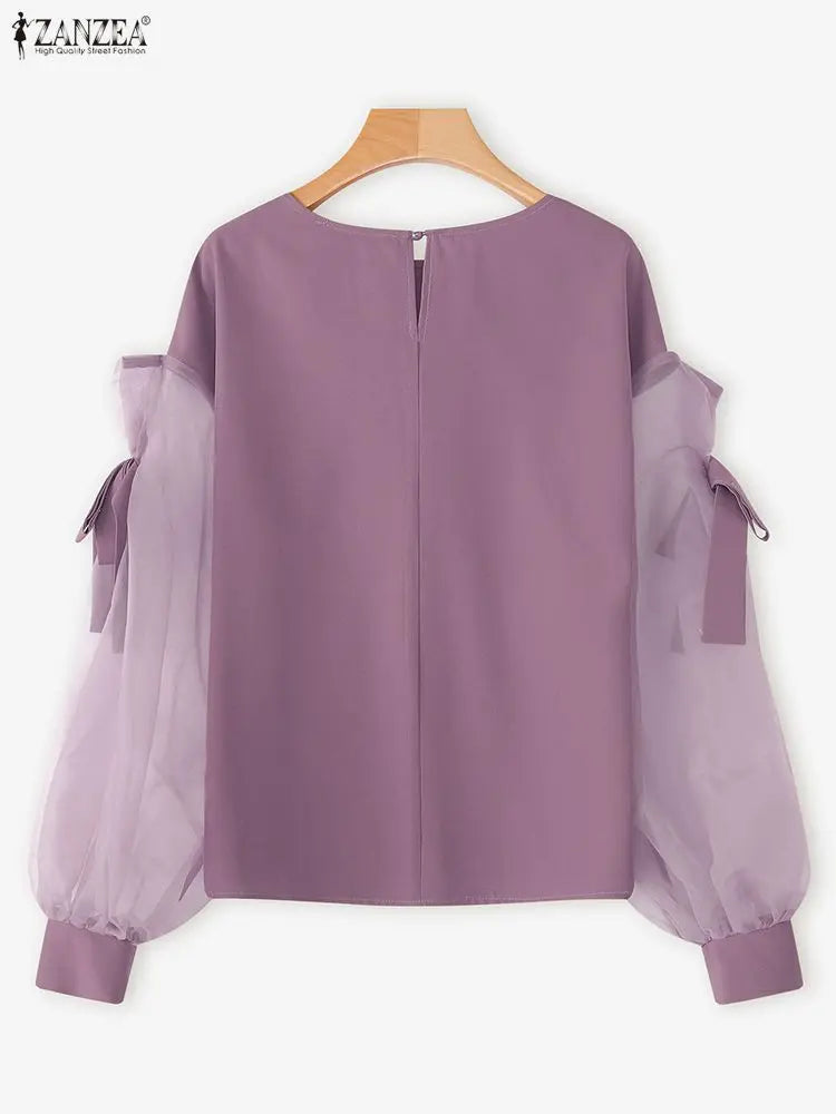 ZANZEA Elegant Bow Women Blouse 2025 Autumn Fashion Mesh Patchwork Long Lantern Sleeve Casual Tops Shirts Korean Ladies Blusas