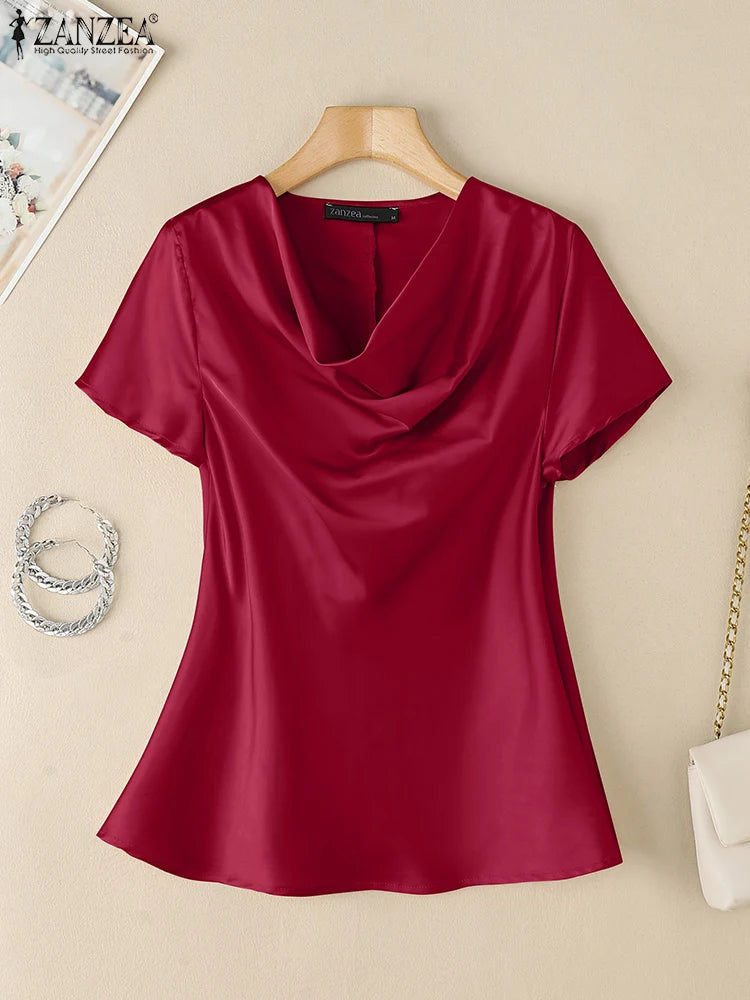 ZANZEA Casual Satin Party Tops Woman Cowl Neck 2025 Fashion Korean Style Blouses Elegant Short Sleeve Solid Color Blusas Mujer