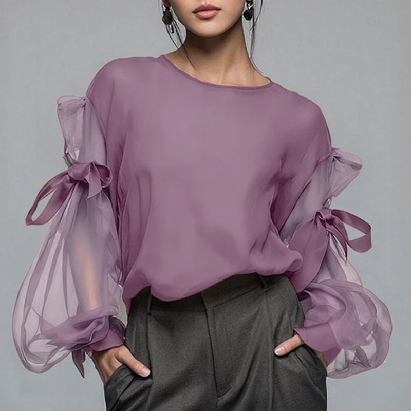 ZANZEA Elegant Bow Women Blouse 2025 Autumn Fashion Mesh Patchwork Long Lantern Sleeve Casual Tops Shirts Korean Ladies Blusas