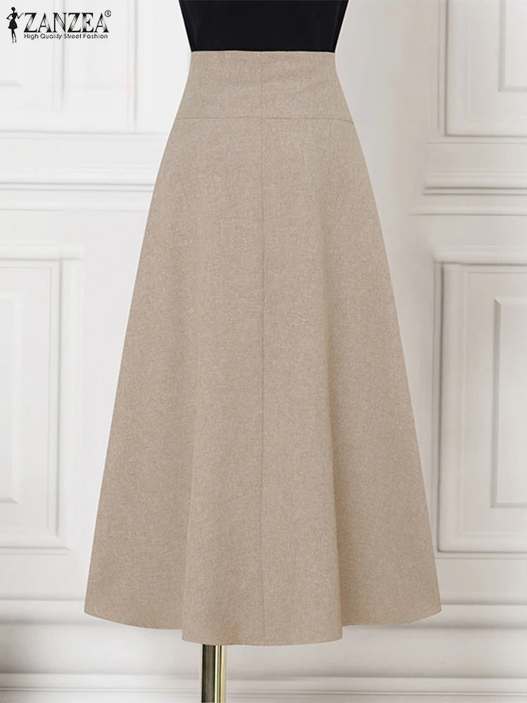 Elegant Pleated Maxi Skirts High Waist Office Skirts Women Casual Loose Zipper Buttons Overskirts A-Line Bottom Lady ZANZEA 2025