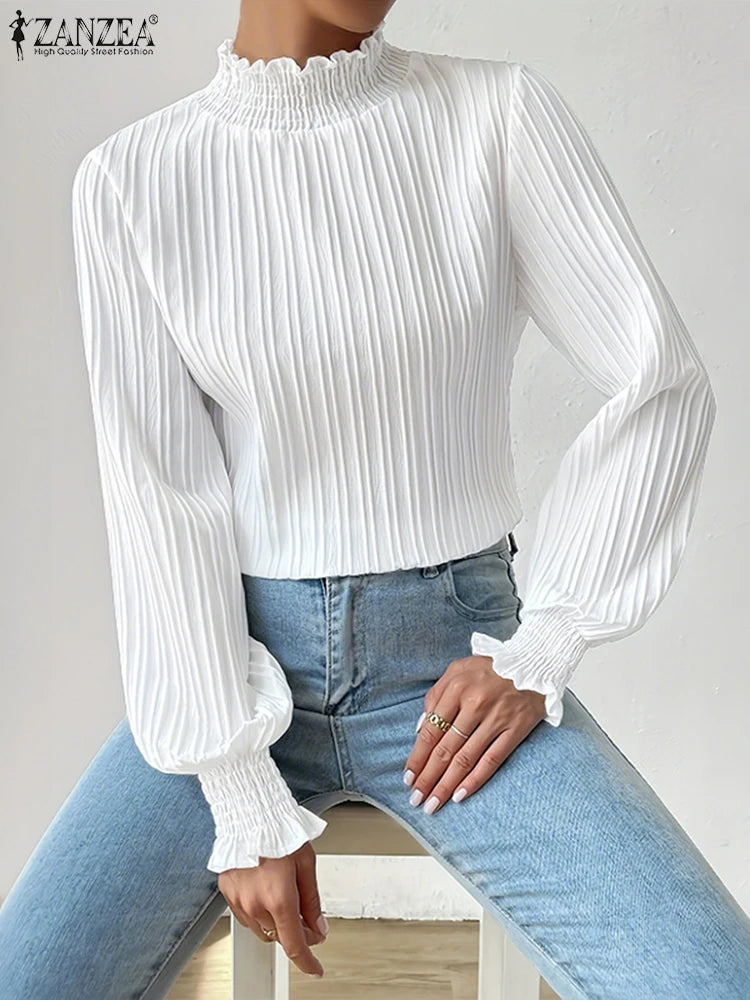ZANZEA Women Stylish Smocked Turtleneck Blouses 2025 Autumn Fashion Long Lantern Sleeve Textured Solid Color Tops Woman Clothing