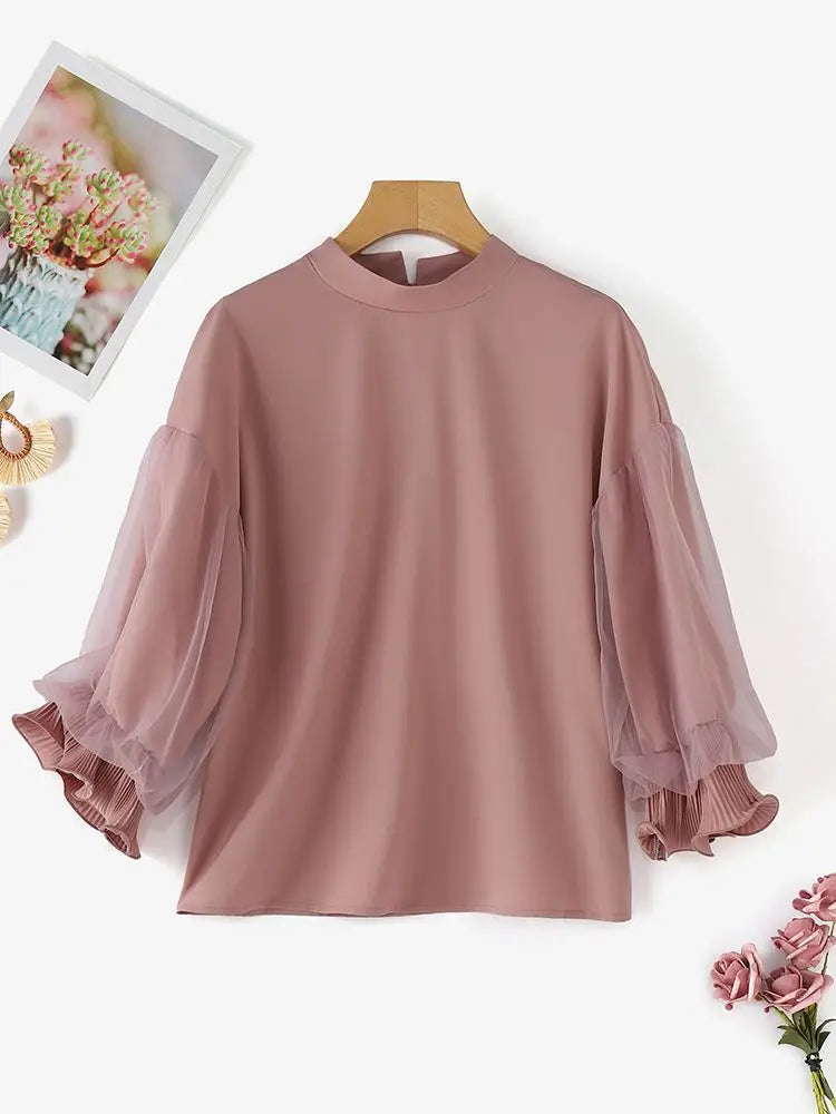 ZANZEA Women Elegant Mesh Ruffle 3/4 Sleeve Blouse Chic Designer Stand Collar Tops 2025 Autumn Party Shirts Korean Loose Tunics