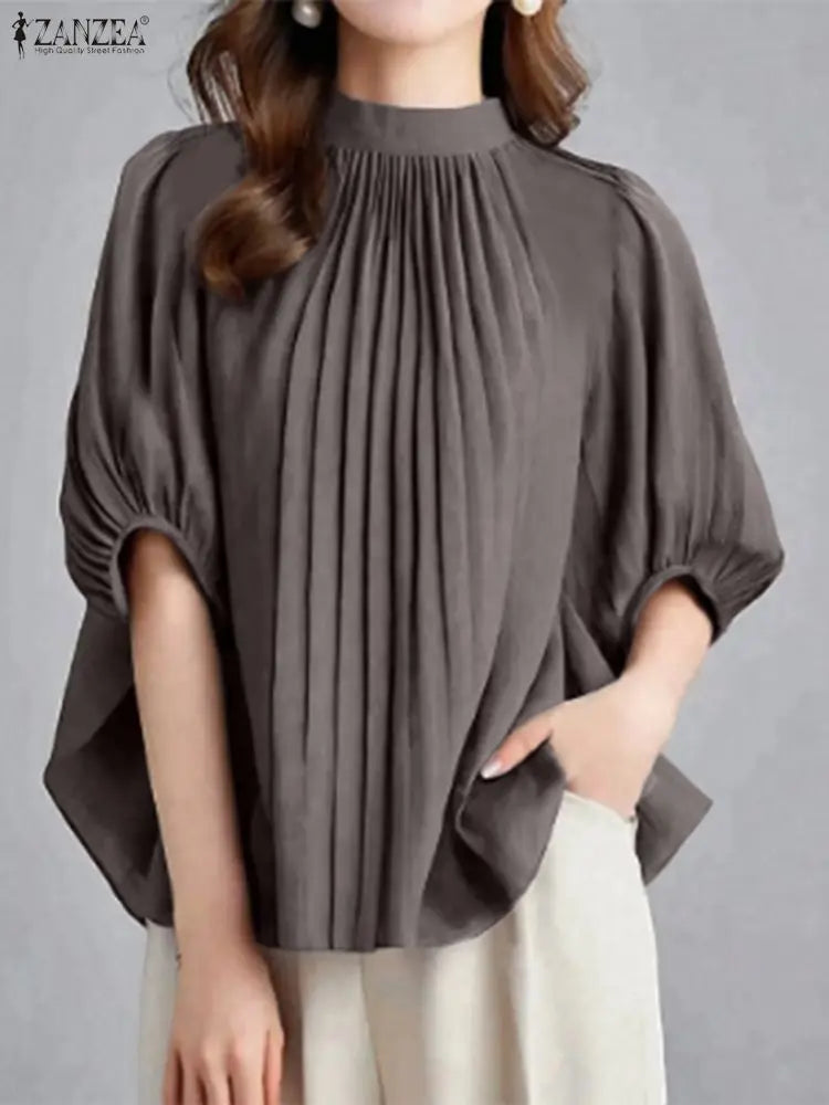 ZANZEA Women Pleated Elegant Blouse 2025 Fashion Tops Casual Half Puff Sleeve Loose Solid Shirts Stand Collar Office Lady Blusas