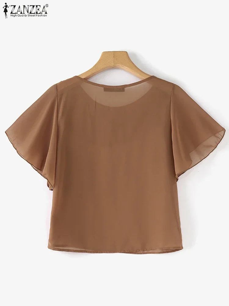 ZANZEA 2025 Summer Tops Women Korean Fashion Chiffon Blouse Elegant Short Sleeve Solid Shirt Tunic Casual Loose Ruffle Hem Blusa