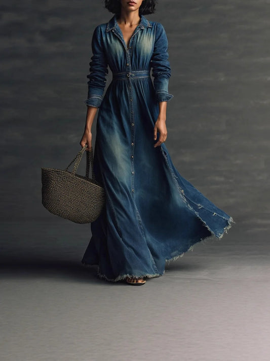 New Fashion Casual Long Sleeve Turn-down Collar Single Breasted Pockets Solid Color Split Flare And Fit Ankle-Length Demin Dress