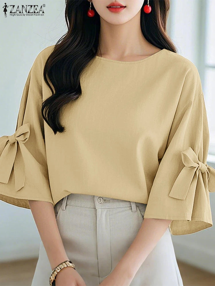 Fashion Summer Blouse 2025 ZANZEA Women Solid Work OL Tops Elegant O Neck 3/4 Sleeve Bow Shirt Casual Loose Chemise Blusas Femme