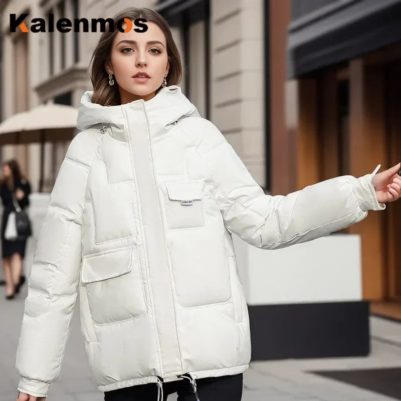 Women Full Sleeve Hooded Zipper Parkas Stand Collar Loose Drawstring Jackets Thick Warm Pockets Casual Coats Autumn Winter