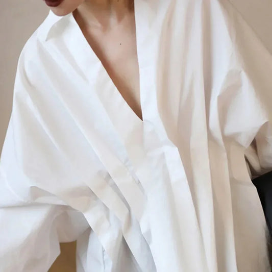 UOOZEE White Blouse For Women 2025 New Spring Fashion V-neck Solid Color Long Sleeves Loose Pleated Casual Shirts Tops