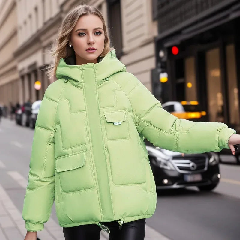 Women Full Sleeve Hooded Zipper Parkas Stand Collar Loose Drawstring Jackets Thick Warm Pockets Casual Coats Autumn Winter