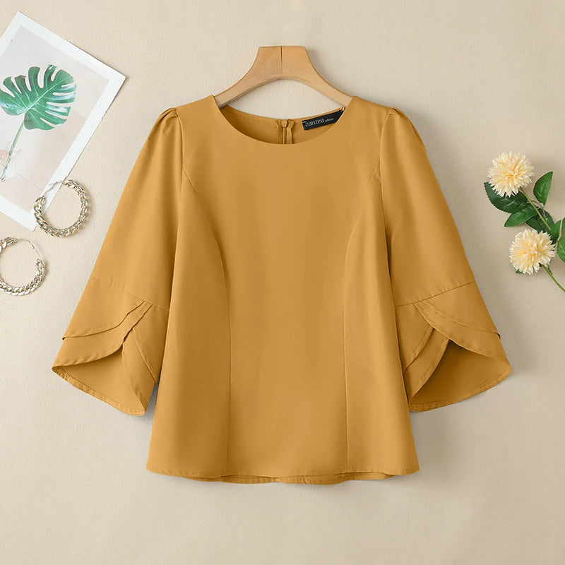 2025 ZANZEA Office Blouse Women Shirt Stylish Solid Slim Fit Tops Summer Elegant 3/4 Petal Sleeve Work Blusas Mujer Oversize