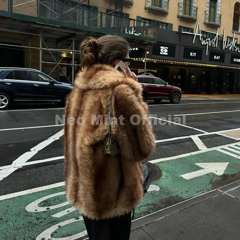 Neo Mint Luxury Brand Fashion Women Yellow Striped Faux Fur Jacket Coat Chic Girls 2025 Winter Oversized Warm Outerwear Overcoat