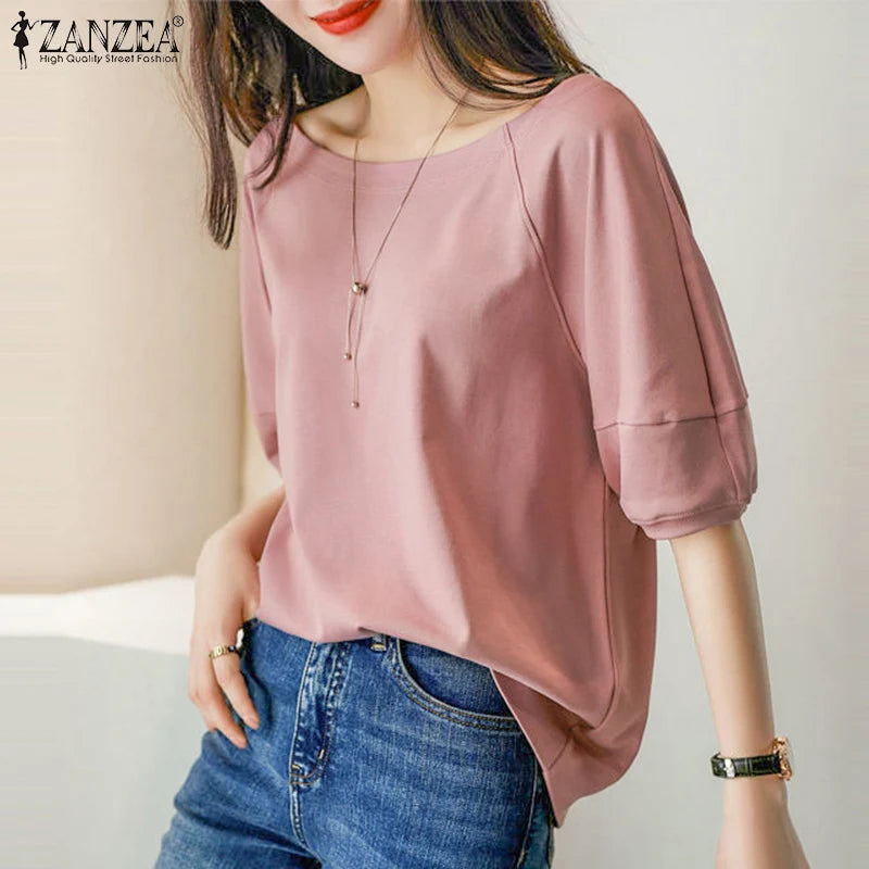 ZANZEA Women Casual Half Sleeve Blouse 2024 Summer Loose Boat Neck Tops Korean Harajuku Solid Blusas Fashion Holiday Plain Tunic