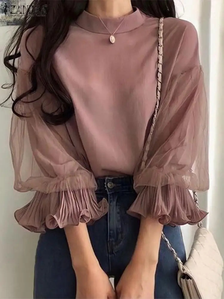 ZANZEA Women Elegant Mesh Ruffle 3/4 Sleeve Blouse Chic Designer Stand Collar Tops 2025 Autumn Party Shirts Korean Loose Tunics