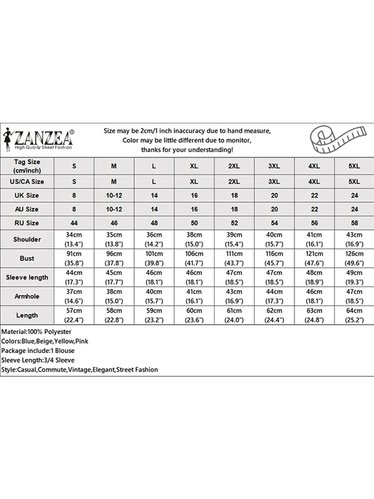 2025 ZANZEA Office Blouse Women Shirt Stylish Solid Slim Fit Tops Summer Elegant 3/4 Petal Sleeve Work Blusas Mujer Oversize