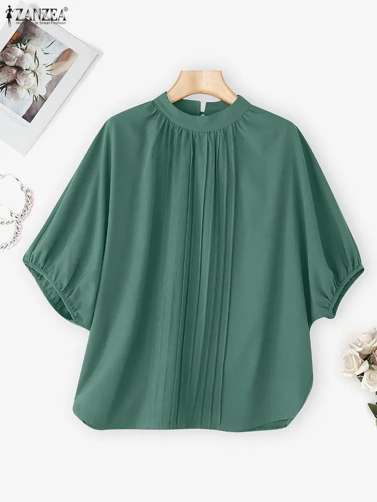 ZANZEA Women Pleated Elegant Blouse 2025 Fashion Tops Casual Half Puff Sleeve Loose Solid Shirts Stand Collar Office Lady Blusas