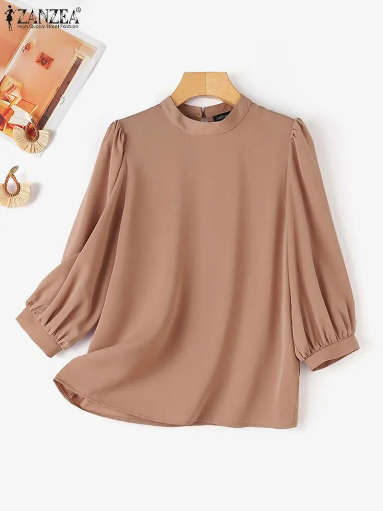 ZANZEA Fashion OL Work Shirt Woman Lantern Sleeve O Neck Blouse Summer Elegant Party Tunic Tops Casual Loose Blusas Mujer 2024
