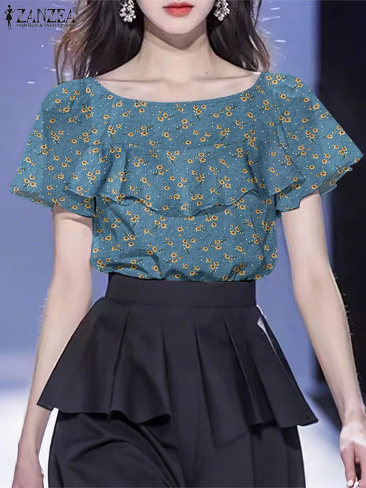 ZANZEA Korean Ruffle Round Neck Blouse Women Elegant Patchwork Party Tops Shirts 2024 Autumn Vintage Chiffon Short Sleeve Tunics