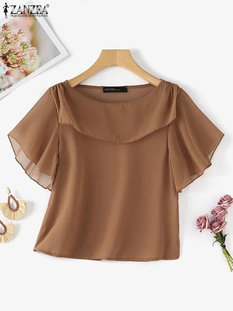 ZANZEA 2025 Summer Tops Women Korean Fashion Chiffon Blouse Elegant Short Sleeve Solid Shirt Tunic Casual Loose Ruffle Hem Blusa