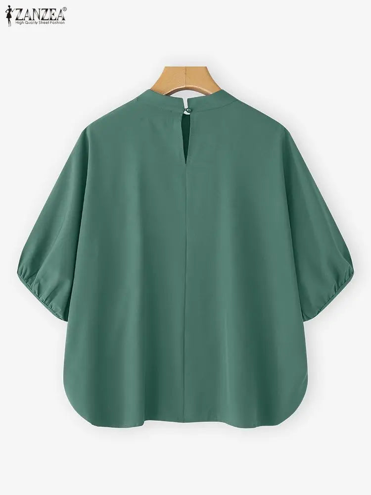 ZANZEA Women Pleated Elegant Blouse 2025 Fashion Tops Casual Half Puff Sleeve Loose Solid Shirts Stand Collar Office Lady Blusas