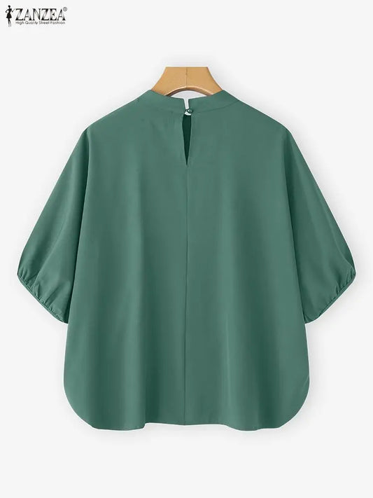 ZANZEA Women Pleated Elegant Blouse 2025 Fashion Tops Casual Half Puff Sleeve Loose Solid Shirts Stand Collar Office Lady Blusas