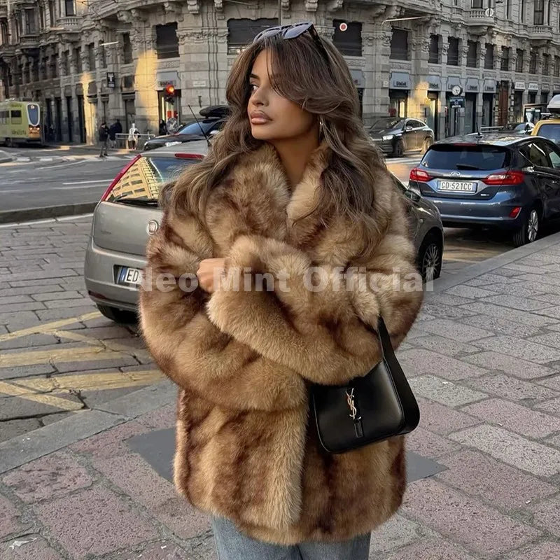 Neo Mint Luxury Brand Fashion Women Yellow Striped Faux Fur Jacket Coat Chic Girls 2025 Winter Oversized Warm Outerwear Overcoat