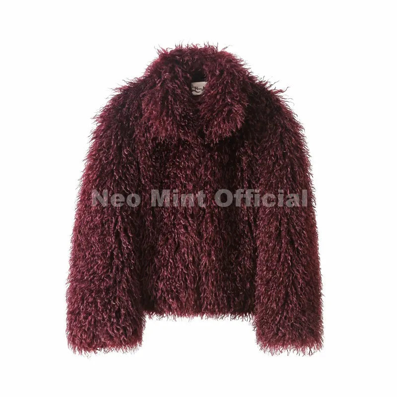Neo Mint Iconic Blogger Fashion Faux Mongolia Sheep Fur Coat Women 2025 Winter Fluffy Warm Fur Jacket Chic Street Girl Outerwear