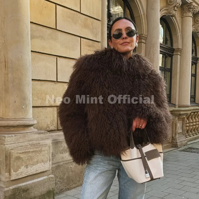 Neo Mint Iconic Blogger Fashion Faux Mongolia Sheep Fur Coat Women 2025 Winter Fluffy Warm Fur Jacket Chic Street Girl Outerwear