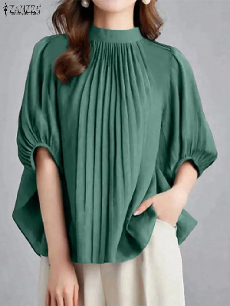 ZANZEA Women Pleated Elegant Blouse 2025 Fashion Tops Casual Half Puff Sleeve Loose Solid Shirts Stand Collar Office Lady Blusas