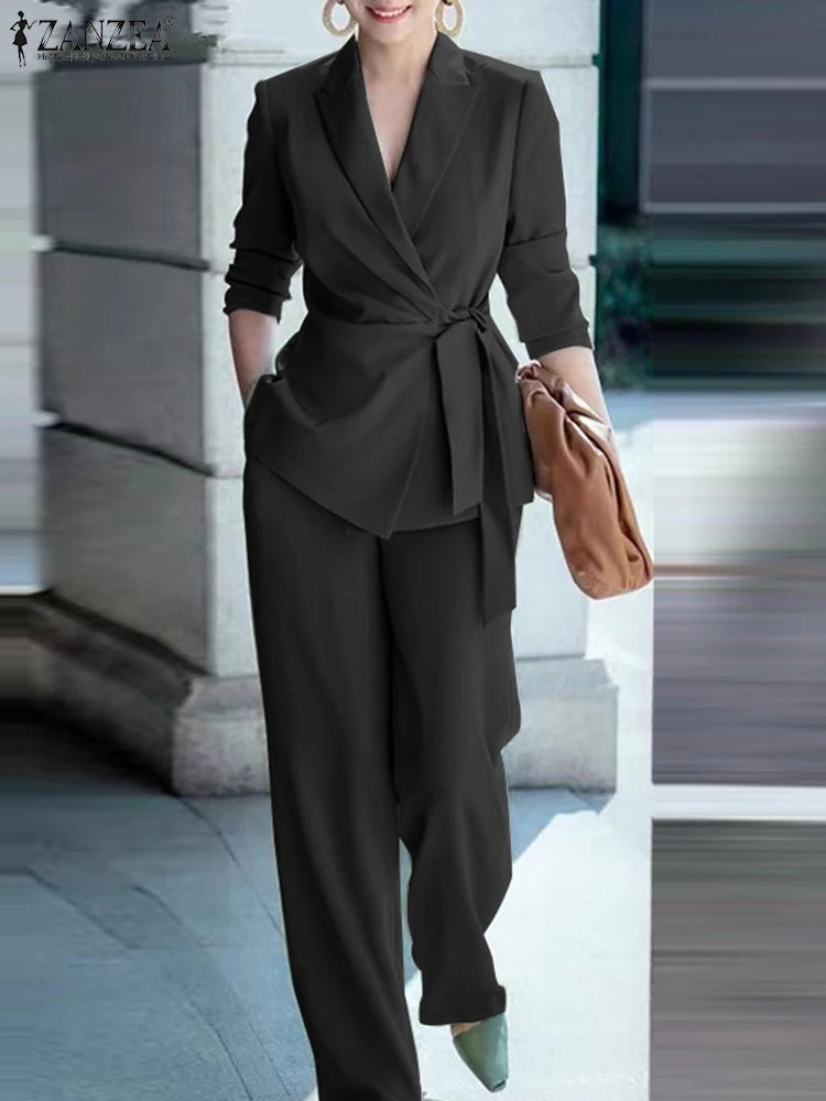 ZANZEA Classy Office Lady Blazer Suits Elegant Women Tied Waist Top and Pant 2pcs Outfit 2025 Trend Streetwear Commute Pant Sets