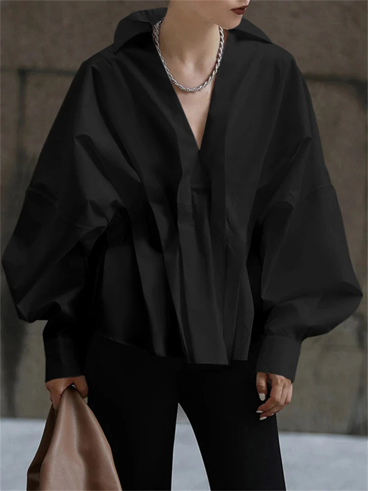 UOOZEE White Blouse For Women 2025 New Spring Fashion V-neck Solid Color Long Sleeves Loose Pleated Casual Shirts Tops