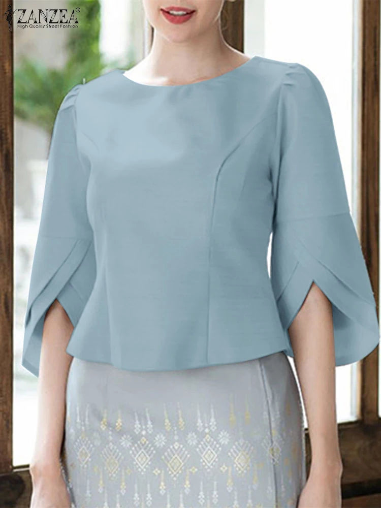2025 ZANZEA Office Blouse Women Shirt Stylish Solid Slim Fit Tops Summer Elegant 3/4 Petal Sleeve Work Blusas Mujer Oversize