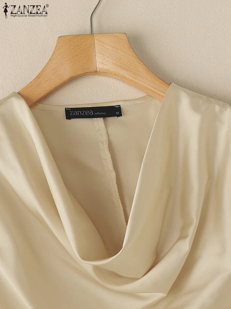 ZANZEA Casual Satin Party Tops Woman Cowl Neck 2025 Fashion Korean Style Blouses Elegant Short Sleeve Solid Color Blusas Mujer