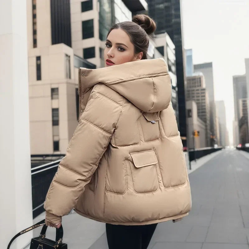 Women Full Sleeve Hooded Zipper Parkas Stand Collar Loose Drawstring Jackets Thick Warm Pockets Casual Coats Autumn Winter