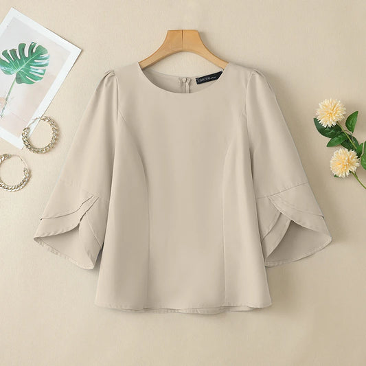 2025 ZANZEA Office Blouse Women Shirt Stylish Solid Slim Fit Tops Summer Elegant 3/4 Petal Sleeve Work Blusas Mujer Oversize