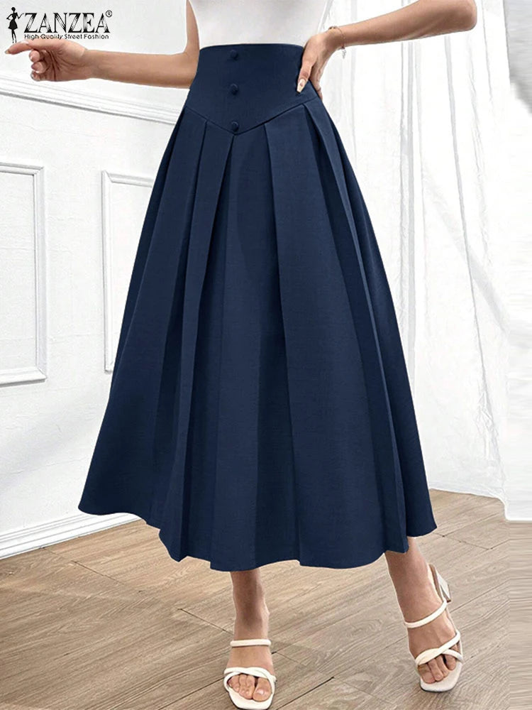 Elegant Pleated Maxi Skirts High Waist Office Skirts Women Casual Loose Zipper Buttons Overskirts A-Line Bottom Lady ZANZEA 2025