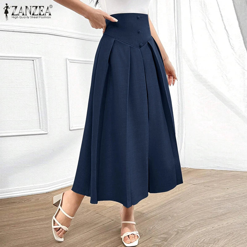 Elegant Pleated Maxi Skirts High Waist Office Skirts Women Casual Loose Zipper Buttons Overskirts A-Line Bottom Lady ZANZEA 2025