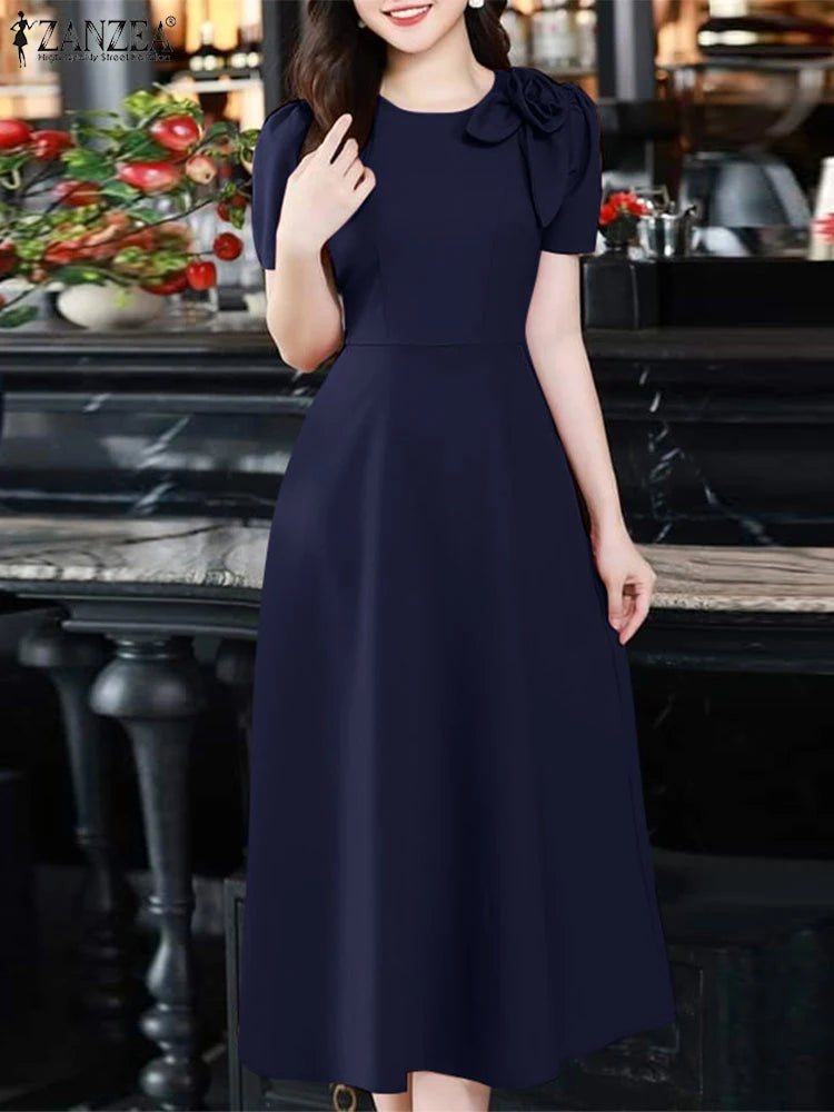 ZANZEA Elegant Women's Party Dresses 2025 Fashion Fabric Flower Short Sleeve O-Neck A-line Midi Robes Summer Fitted Waist Kleid